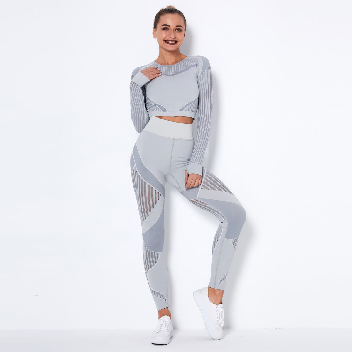 New  Seamless Net Hole Quick-Drying Sports Yoga Long Sleeve Striped Fitness Trousers Yoga Suit by BYNES NEW YORK | Apparel & Accessories