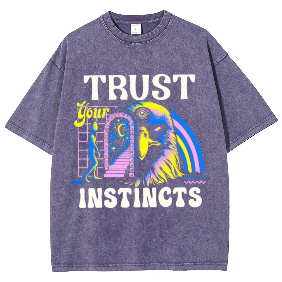 Trust Instincts Unisex Oversized Print Vintage Wash Denim T-Shirt by migunica