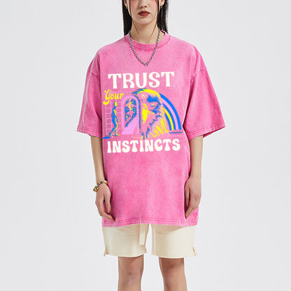 Trust Instincts Unisex Oversized Print Vintage Wash Denim T-Shirt by migunica