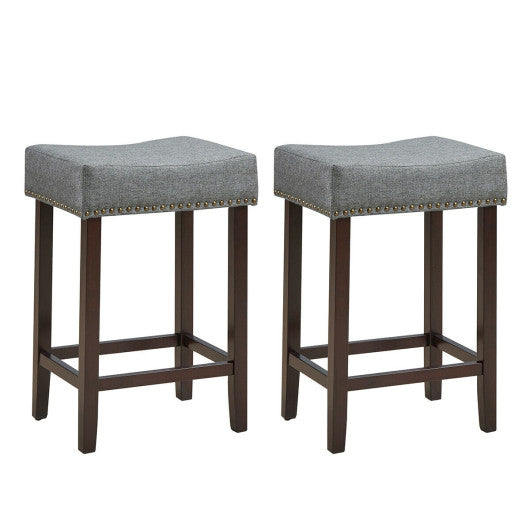 2 Pieces Nailhead Saddle Bar Stools with Fabric Seat and Wood Legs-Gray by VYSN