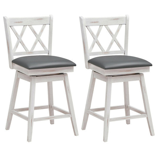 2 Pieces 24 Inch Swivel Counter Height Barstool Set with Rubber Wood Legs-White by VYSN