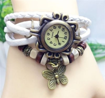 Retro Wrap Multi Row Leather Bracelet Watch - White by Fashion Hut Jewelry