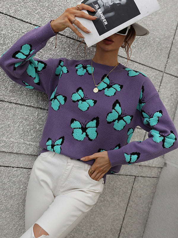 Original Long Sleeves Loose Butterfly Print Contrast Color Round-Neck Sweater Tops by migunica