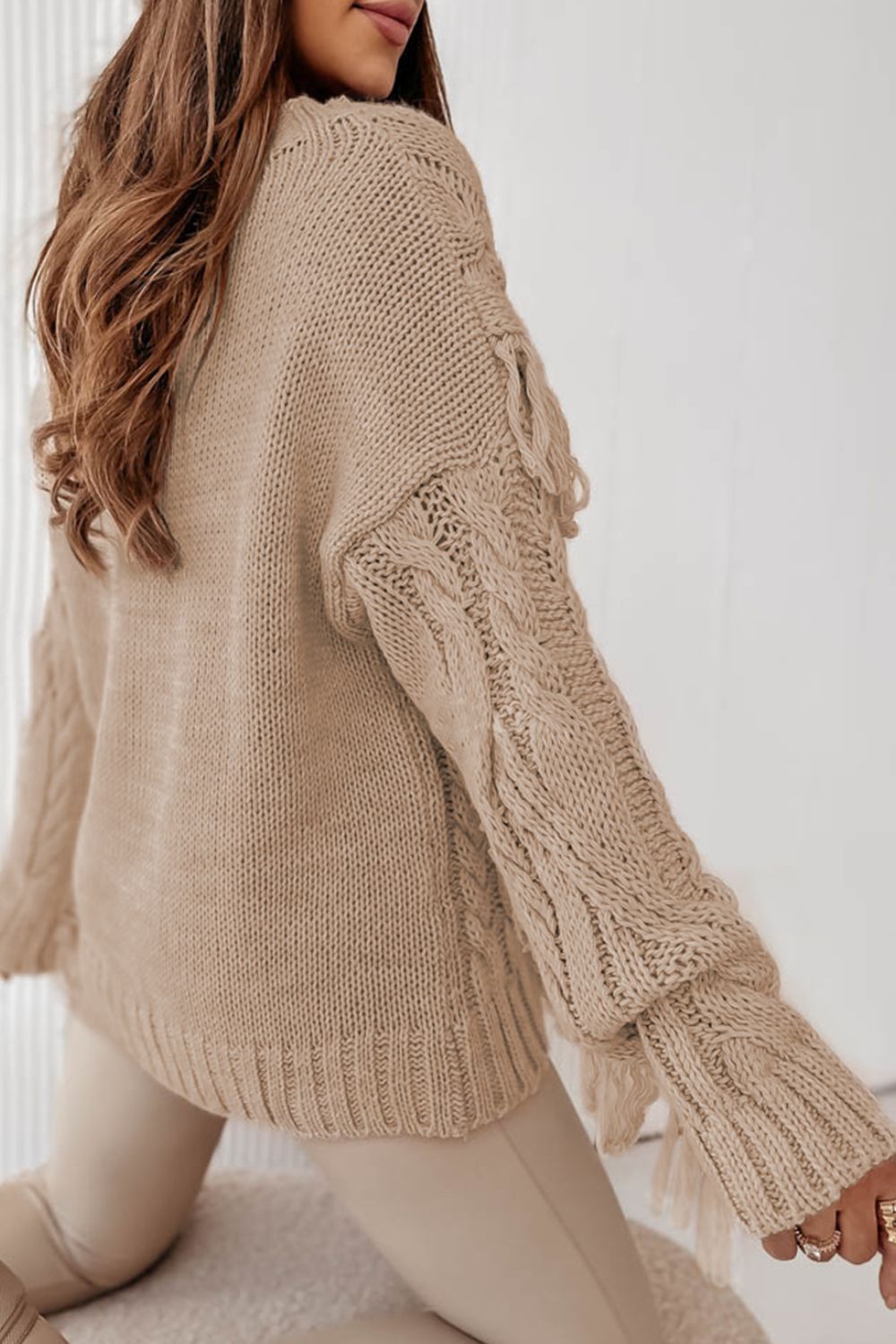 Cable Knit Fringe Round Neck Long Sleeve Sweater