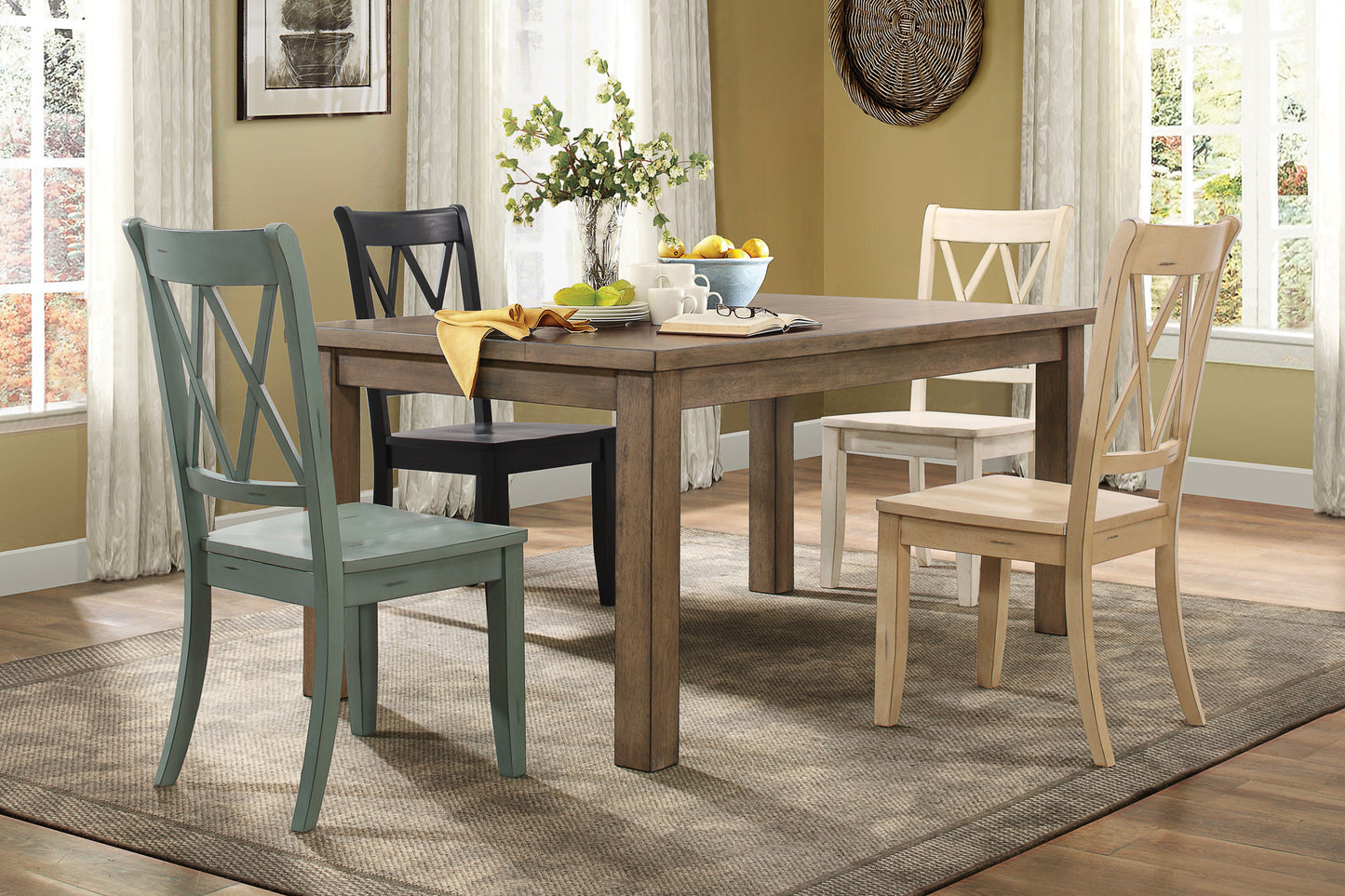 Casual Teal Finish Side Chairs Set of 2 Pine Veneer Transitional Double-X Back Design Dining Room Furniture