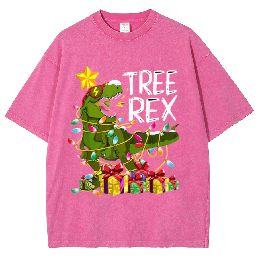 Tree Rex Unisex Oversized Print Vintage Wash Denim T-Shirt by migunica