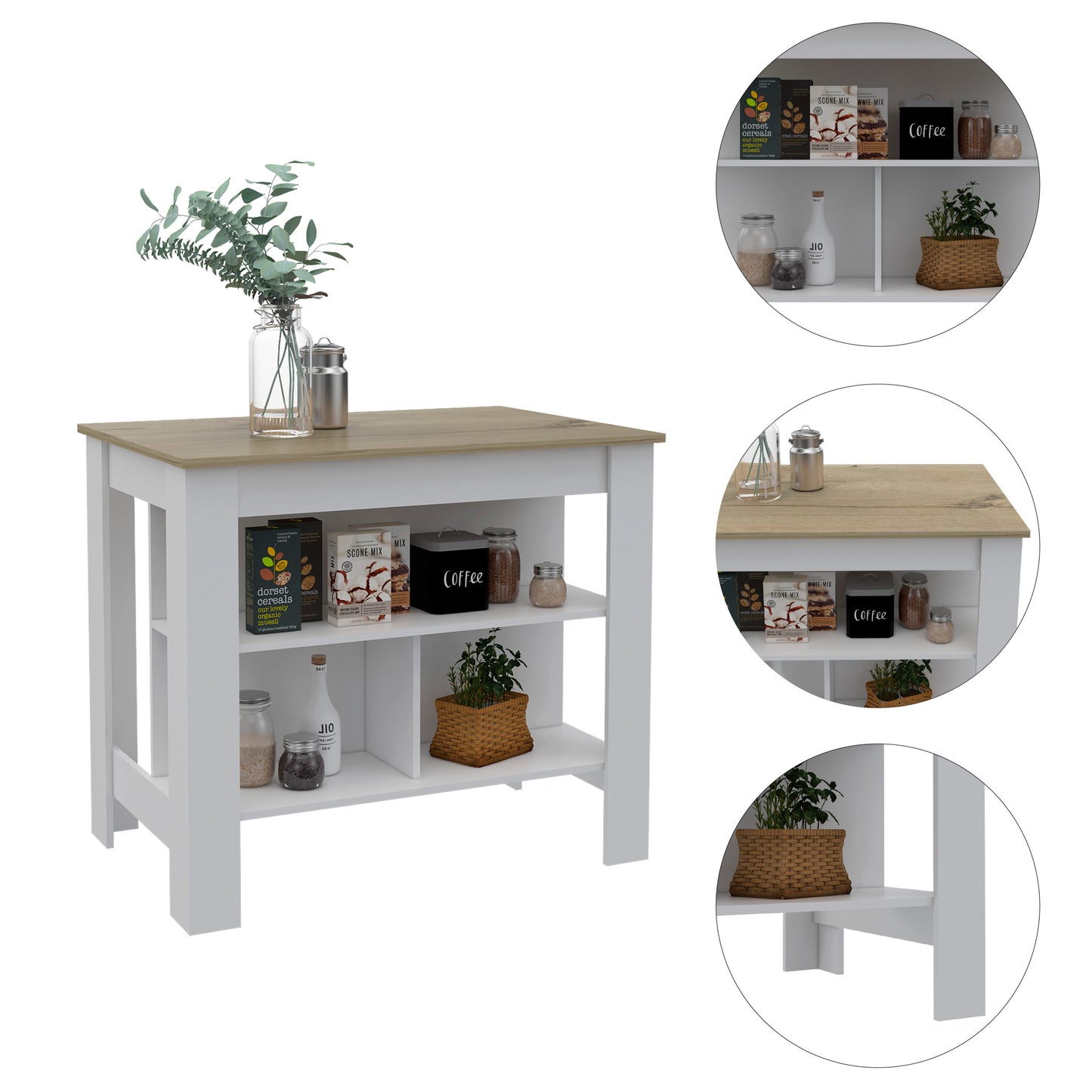 Cala Kitchen Island, Four Legs, Three Shelves  -White / Light Oak