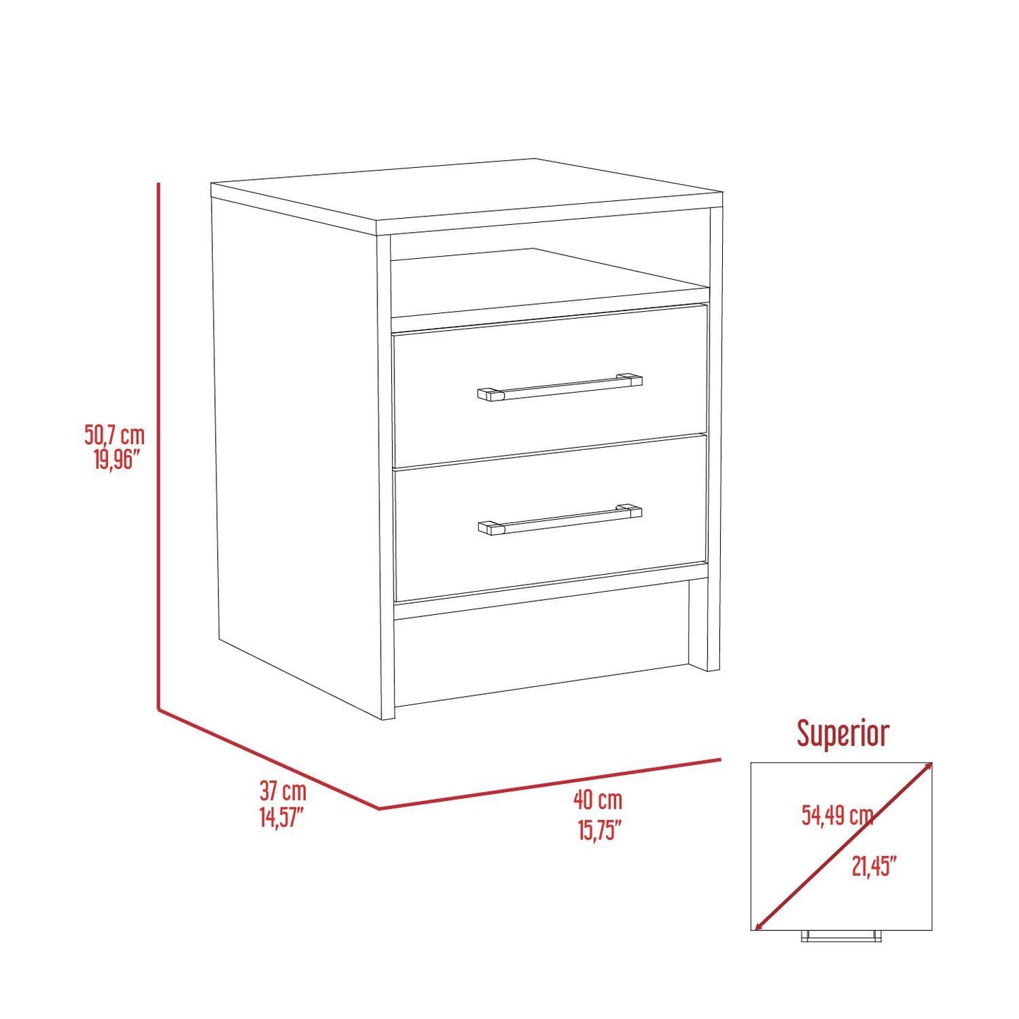 Nightstand Cartiz, Two Drawers, White / Light Oak Finish