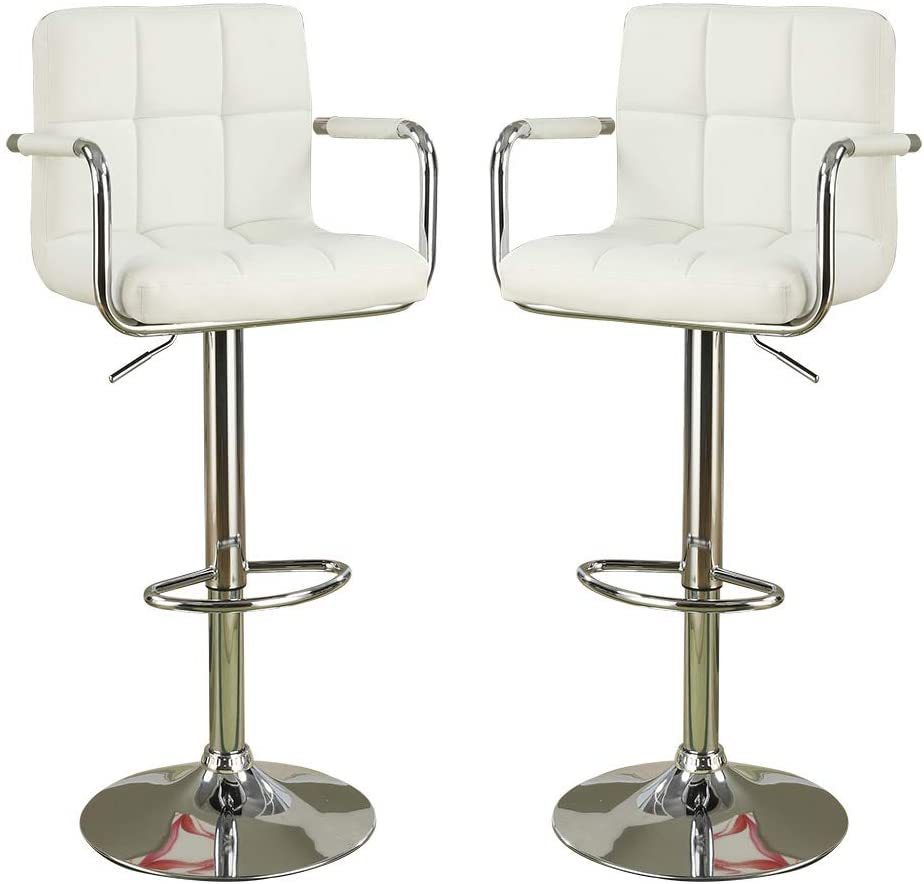 White Faux Leather Bar Stool Counter Height Chairs Set of 2 Adjustable Height Kitchen Island Stools Armrest Chairs