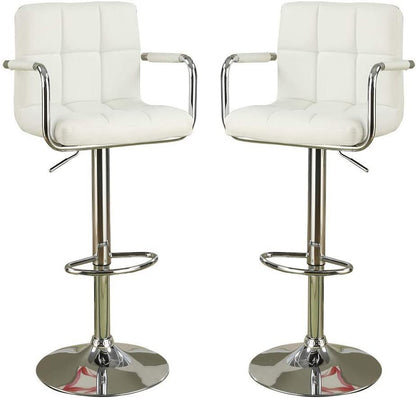 White Faux Leather Bar Stool Counter Height Chairs Set of 2 Adjustable Height Kitchen Island Stools Armrest Chairs