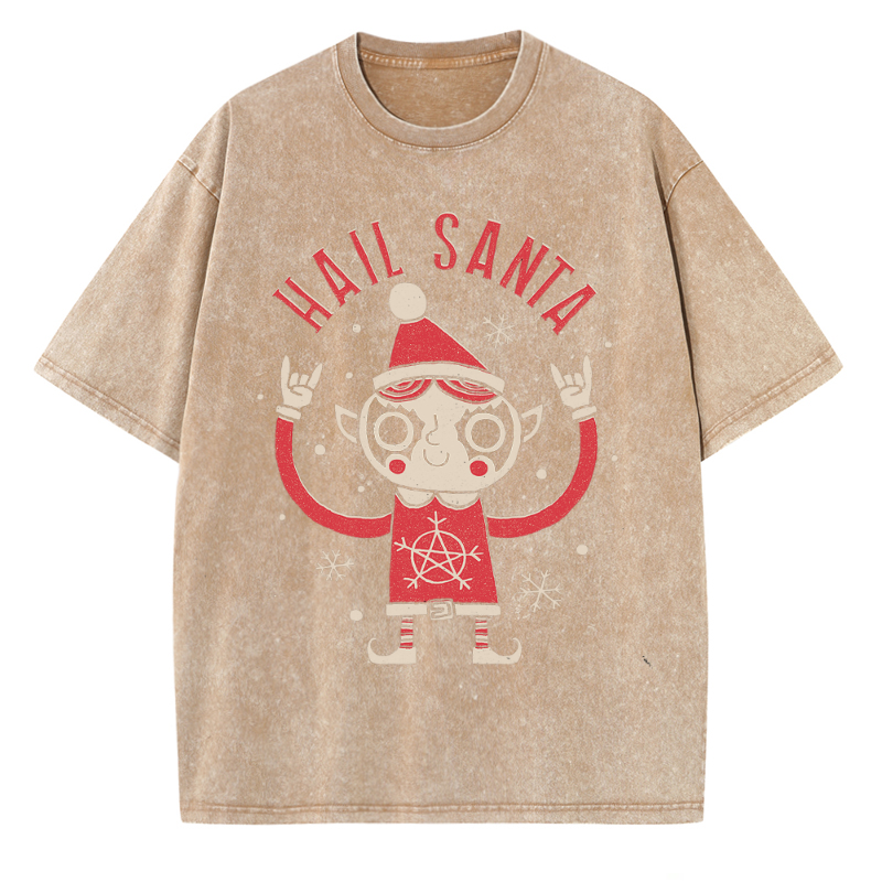 Unisex Hail Santa Printed Retro Washed Short Sleeved T-Shirt by migunica