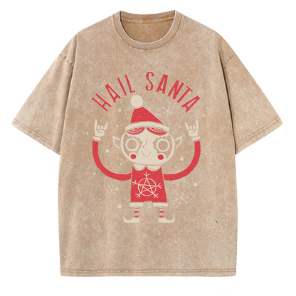 Unisex Hail Santa Printed Retro Washed Short Sleeved T-Shirt by migunica