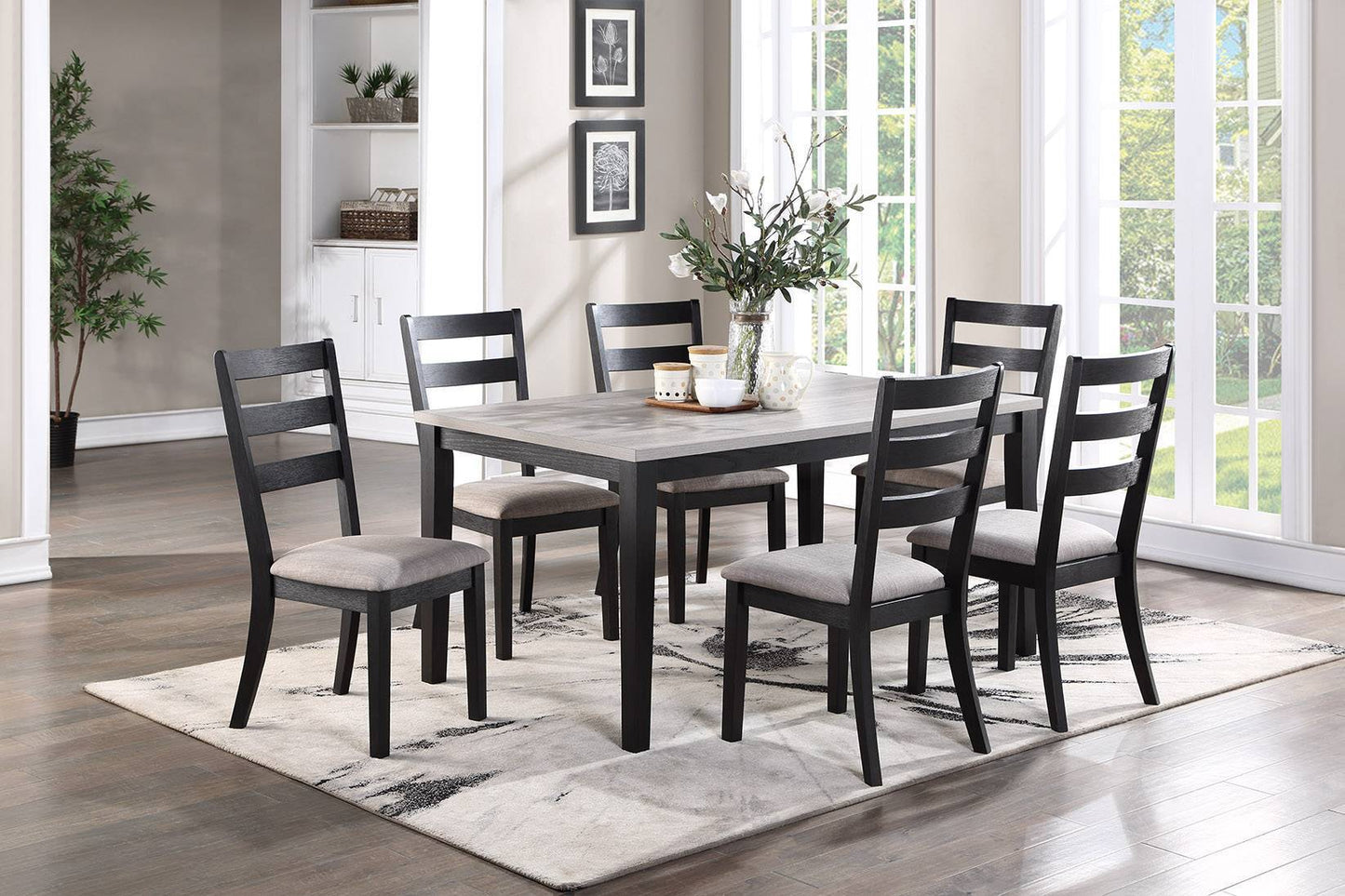 Natural Simple Wooden Table Top 7pc Dining Set Dining Room Furniture Ladder back Side Chairs Cushion Seat