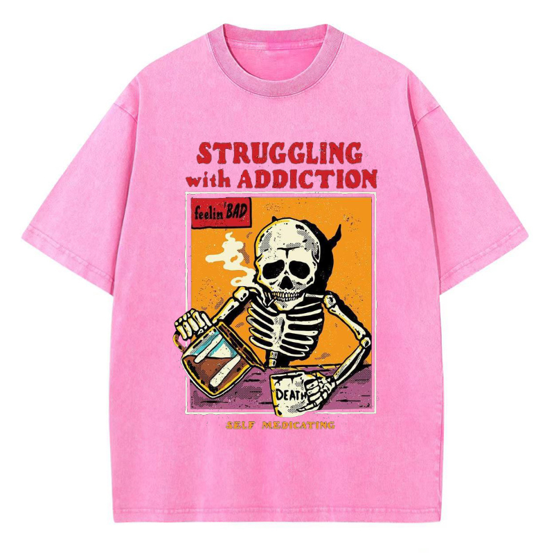 Unisex Struggling With Addiction Skull Illustration Printed Retro Washed Short Sleeved T-Shirt by migunica