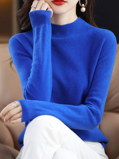 Office Long Sleeves Solid Color High-Neck Sweater Tops Pullovers by migunica