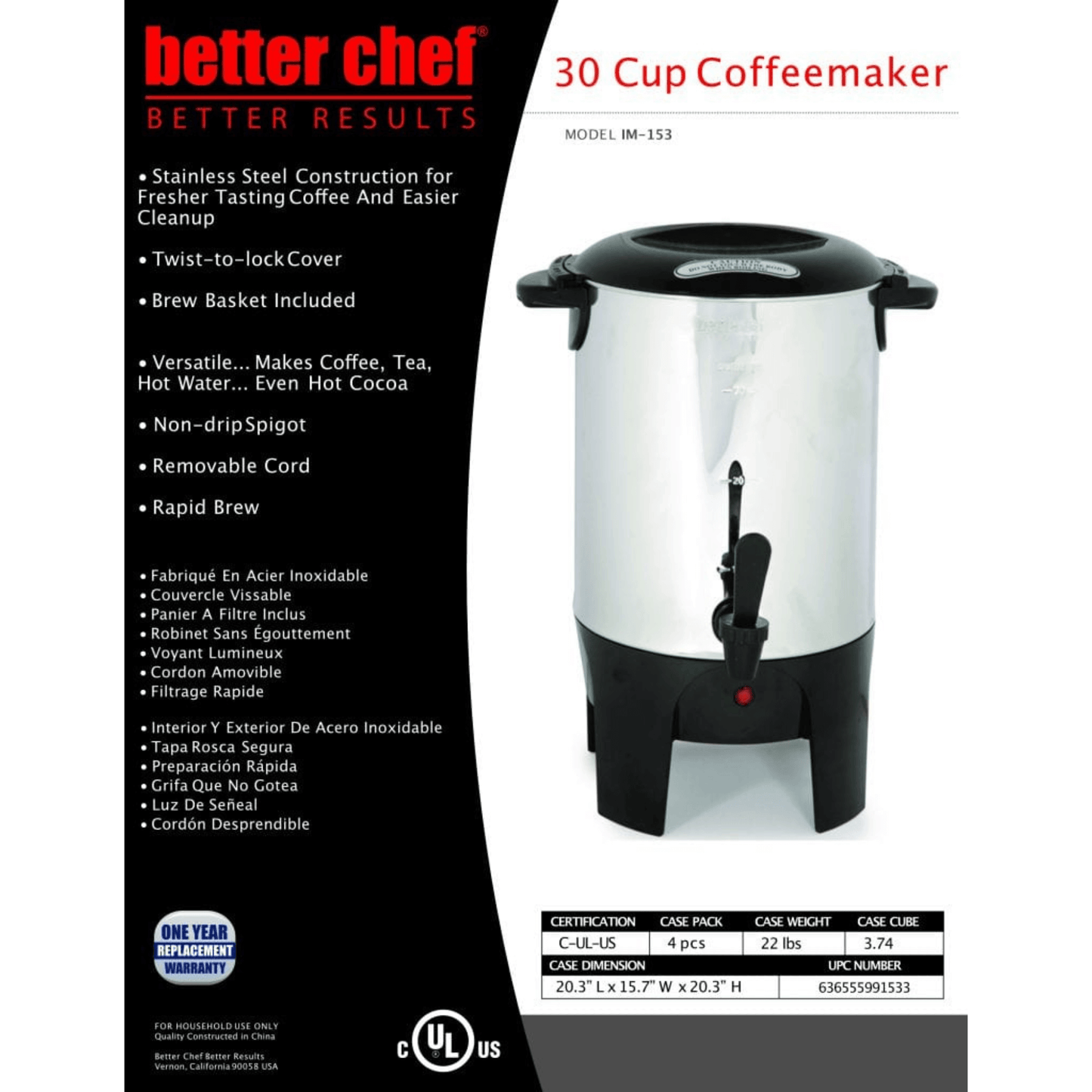 Better Chef 10 to 30 Cup Stainless Steel Urn Coffeemaker by Jupiter Gear Home