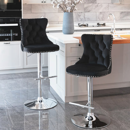 A&A Furniture,Swivel Velvet Barstools Adjusatble Seat Height from 25-33 Inch, Modern Upholstered Chrome base Bar Stools with Backs Comfortable Tufted for Home Pub and Kitchen Island（Black,Set of 2）