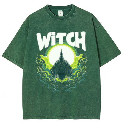 Witch Unisex Oversized Print Vintage Wash Denim T-Shirt by migunica