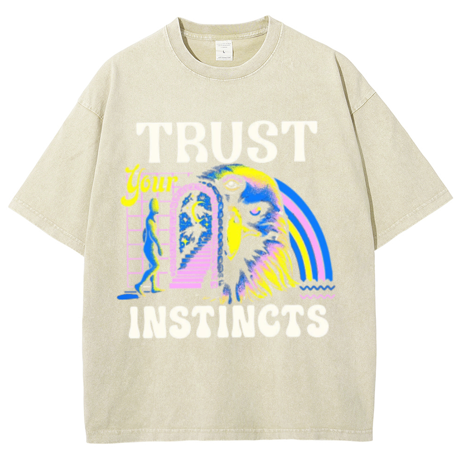 Trust Instincts Unisex Oversized Print Vintage Wash Denim T-Shirt by migunica