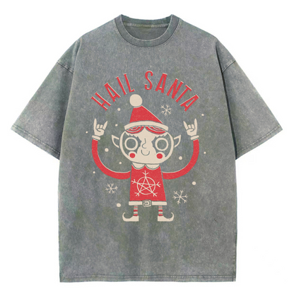 Unisex Hail Santa Printed Retro Washed Short Sleeved T-Shirt by migunica