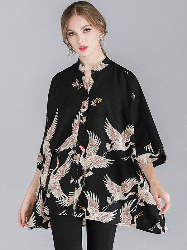 Original Crane Printed Buttoned Stand Collar Half Sleeves Blouse by migunica