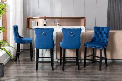 A&A Furniture,Contemporary Velvet Upholstered Barstools with Button Tufted Decoration and Wooden Legs, and Chrome Nailhead Trim, Leisure Style Bar Chairs,Bar stools, Set of 2 (Blue)