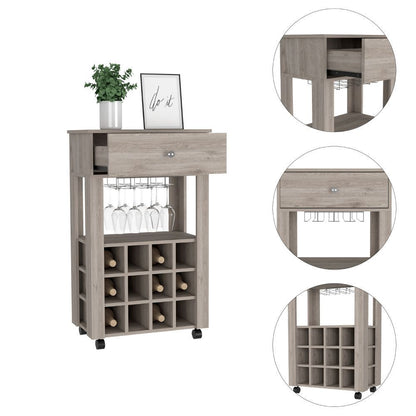 Bar Cart Bayamon, Twelve Wine Cubbies, Four Legs, Light Gray Finish