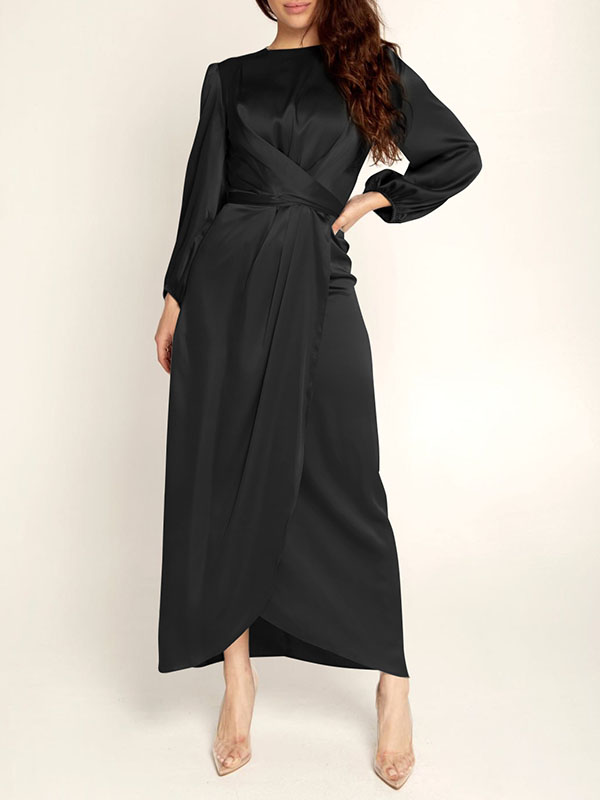 Wrap High-Waisted Solid Color Tied Waist Zipper Round-neck Maxi Dresses by migunica