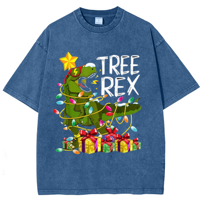 Tree Rex Unisex Oversized Print Vintage Wash Denim T-Shirt by migunica