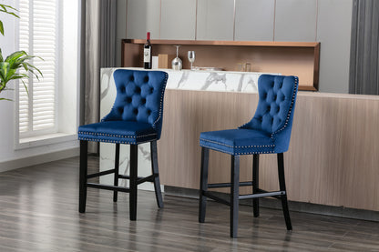 A&A Furniture,Contemporary Velvet Upholstered Barstools with Button Tufted Decoration and Wooden Legs, and Chrome Nailhead Trim, Leisure Style Bar Chairs,Bar stools, Set of 2 (Blue)