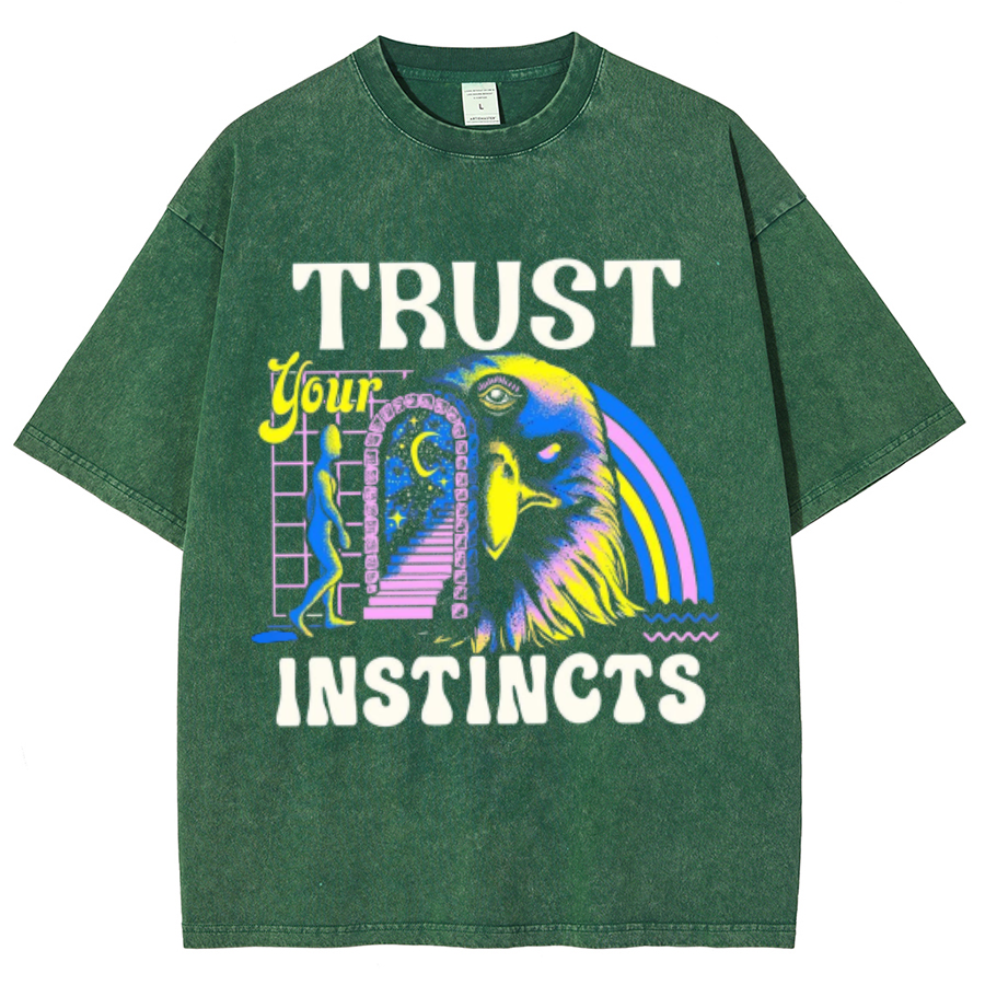 Trust Instincts Unisex Oversized Print Vintage Wash Denim T-Shirt by migunica