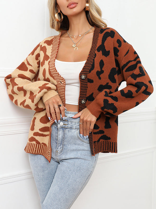 Long Sleeves Loose Buttoned Leopard Split-Joint V-Neck Cardigan Tops by migunica