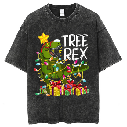 Tree Rex Unisex Oversized Print Vintage Wash Denim T-Shirt by migunica