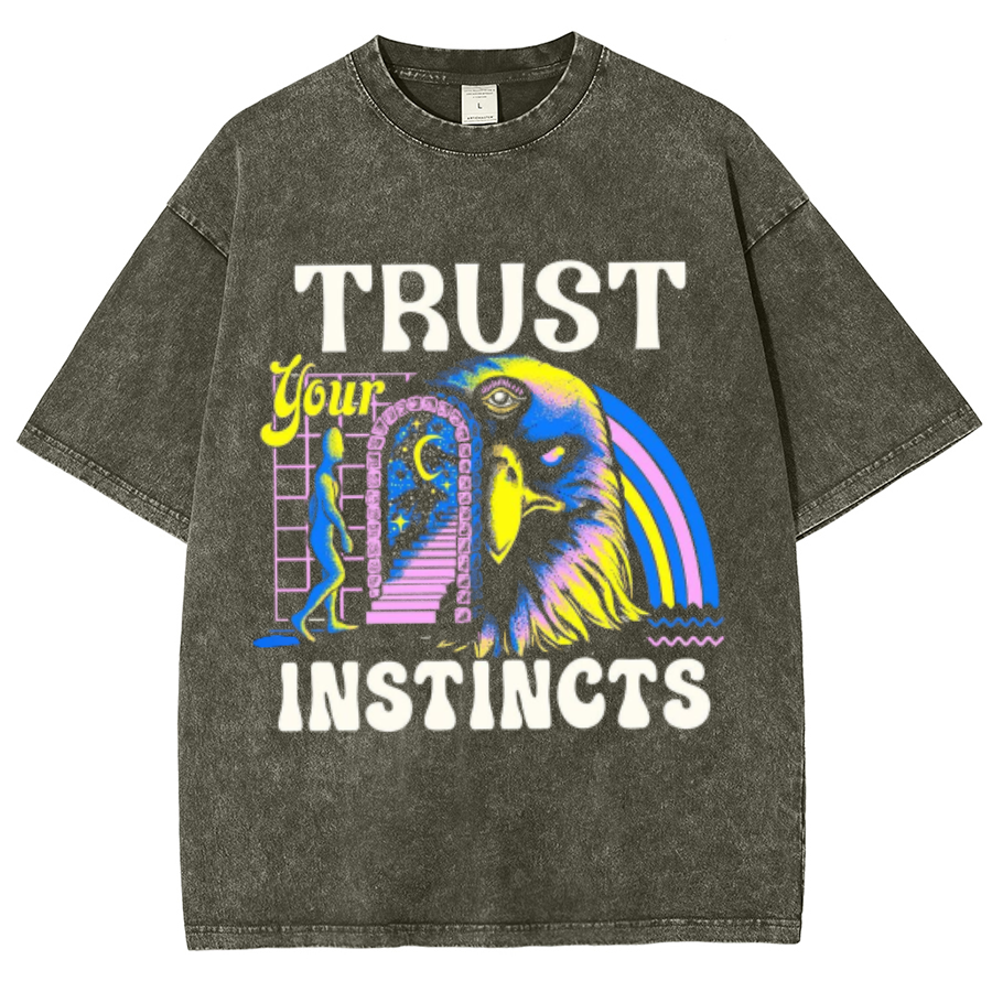 Trust Instincts Unisex Oversized Print Vintage Wash Denim T-Shirt by migunica