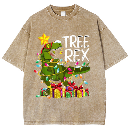 Tree Rex Unisex Oversized Print Vintage Wash Denim T-Shirt by migunica