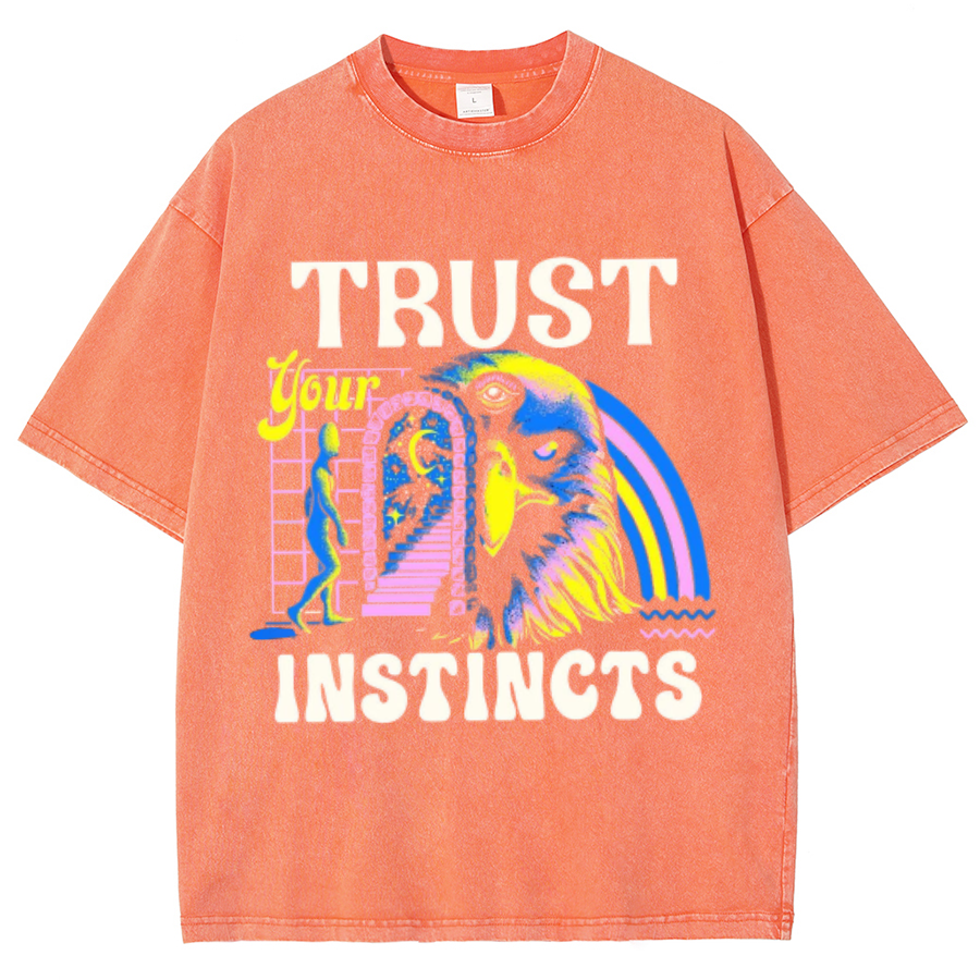 Trust Instincts Unisex Oversized Print Vintage Wash Denim T-Shirt by migunica