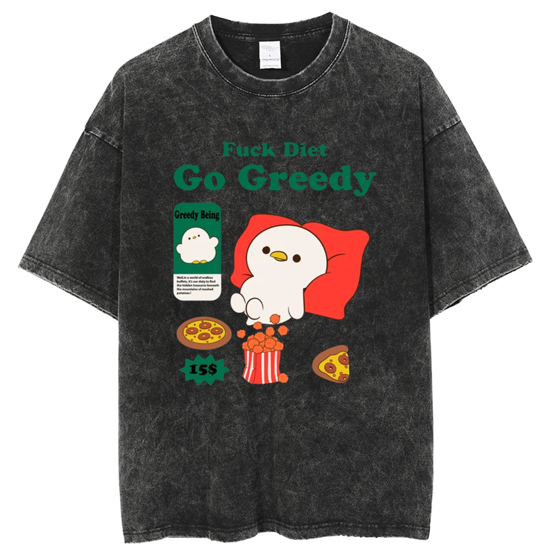 Unisex Fuck Diet Go Greedy Printed Retro Washed Short Sleeved T-Shirt by migunica