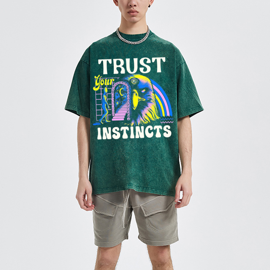 Trust Instincts Unisex Oversized Print Vintage Wash Denim T-Shirt by migunica