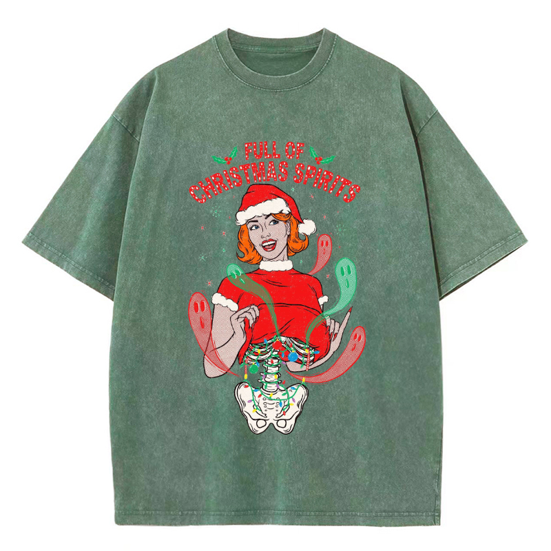 Unisex Full Of Christmas Spirits Printed Retro Washed Short Sleeved T-Shirt by migunica