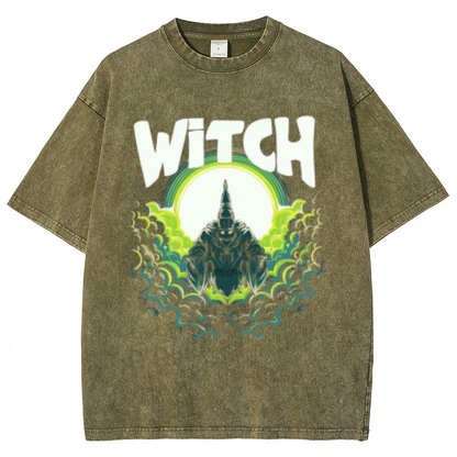 Witch Unisex Oversized Print Vintage Wash Denim T-Shirt by migunica