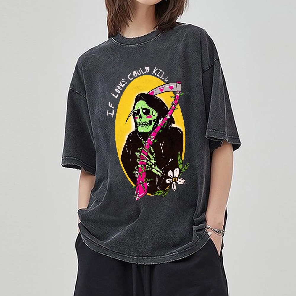 Unisex If Looks Could Kill Skull Printed Retro Washed Short Sleeved T-Shirt by migunica