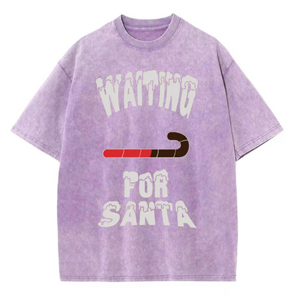 Unisex Waiting For Santa Printed Retro Washed Short Sleeved T-Shirt by migunica