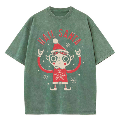 Unisex Hail Santa Printed Retro Washed Short Sleeved T-Shirt by migunica