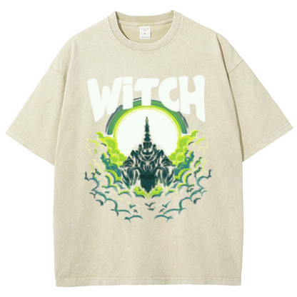 Witch Unisex Oversized Print Vintage Wash Denim T-Shirt by migunica