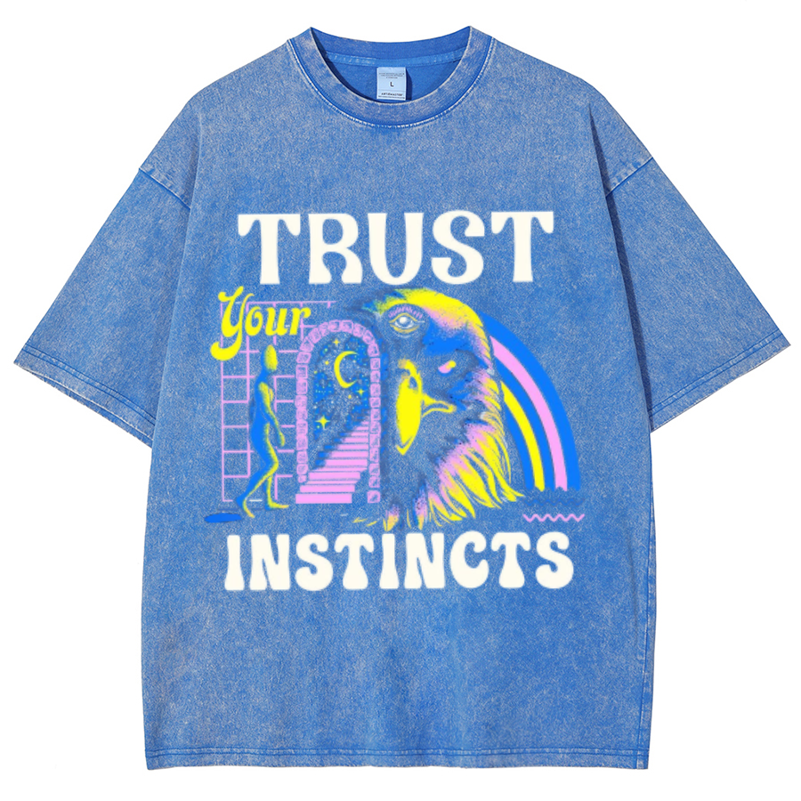 Trust Instincts Unisex Oversized Print Vintage Wash Denim T-Shirt by migunica