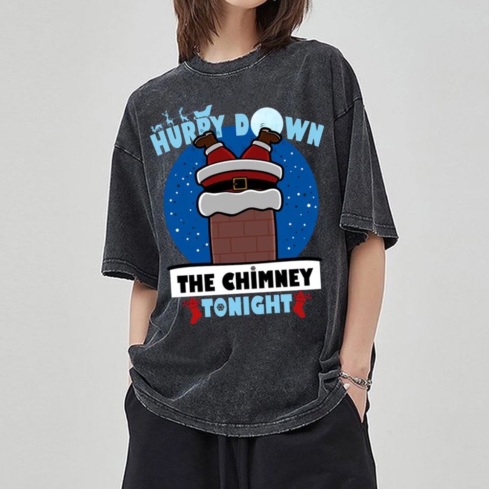 Unisex Hurry Down The Chimney Tonight Printed Retro Washed Short Sleeved T-Shirt by migunica