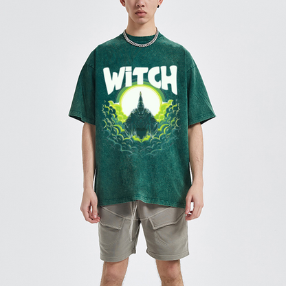 Witch Unisex Oversized Print Vintage Wash Denim T-Shirt by migunica