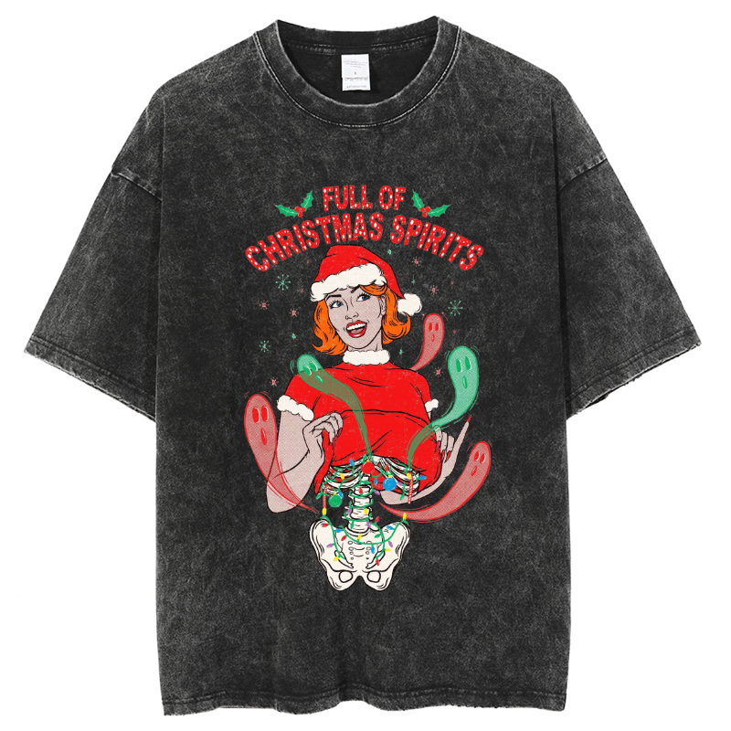 Unisex Full Of Christmas Spirits Printed Retro Washed Short Sleeved T-Shirt by migunica