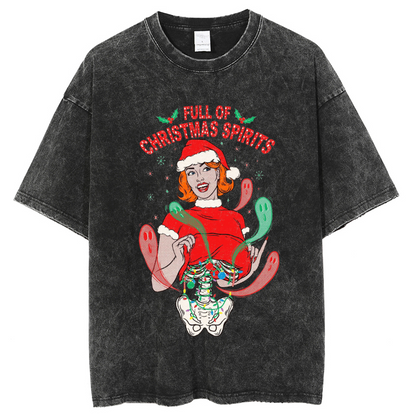 Unisex Full Of Christmas Spirits Printed Retro Washed Short Sleeved T-Shirt by migunica