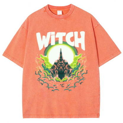 Witch Unisex Oversized Print Vintage Wash Denim T-Shirt by migunica